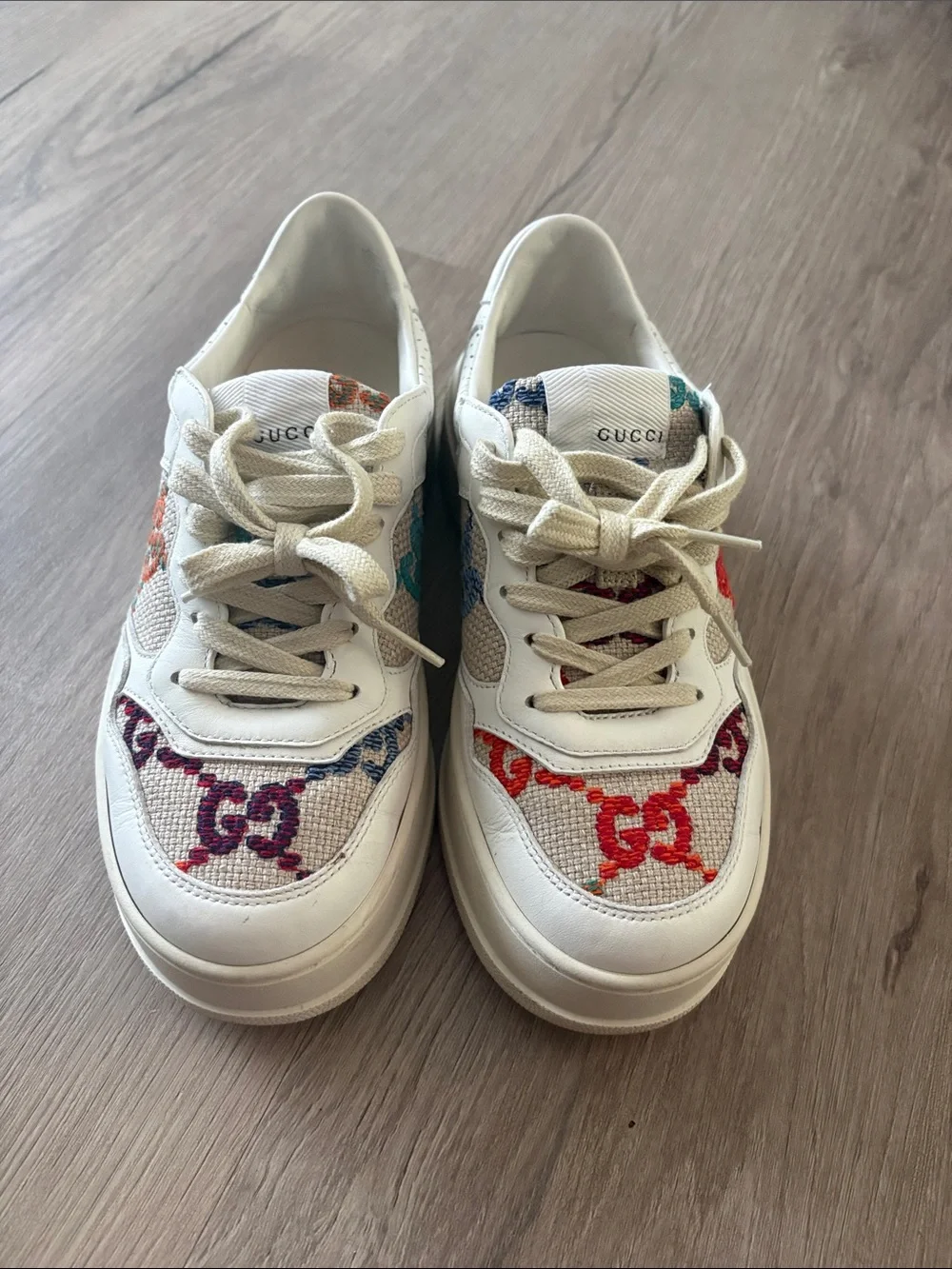 Gucci White Leather Sneakers with Multicolor GG Motif